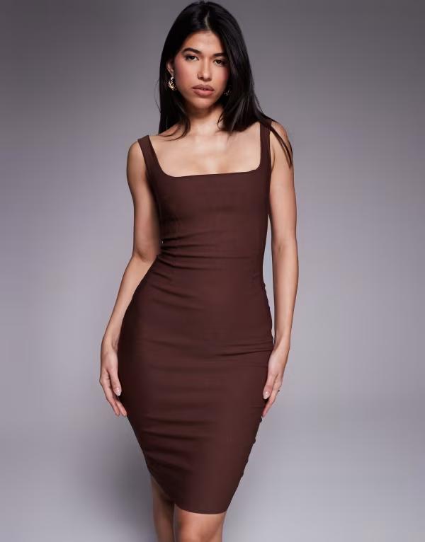 ベスパー レディース トップス ワンピース ミディ Vesper bengaline square neck bodycon midi dress in chocolate チョコレート|ReVida 店