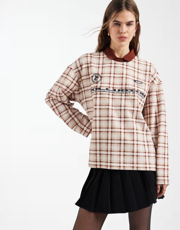 コルージョン レディース アウター パーカー・スウェット スポーツシャツ COLLUSION oversized polo sweatshirt ineutral plaid NEUTRAL 照合のしるし