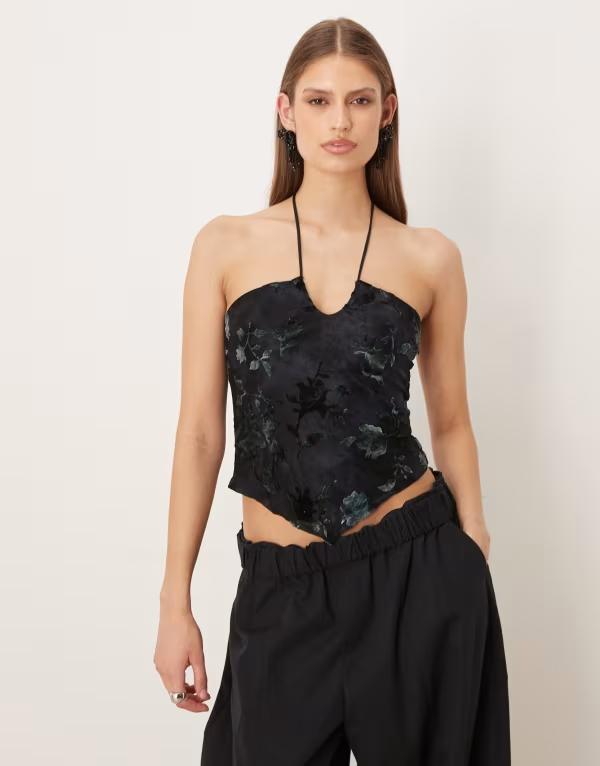 モーテル レディース トップス シャツ ベルベット ホルター Motel Daiki halter velvet leaf top in dark blue ブルー