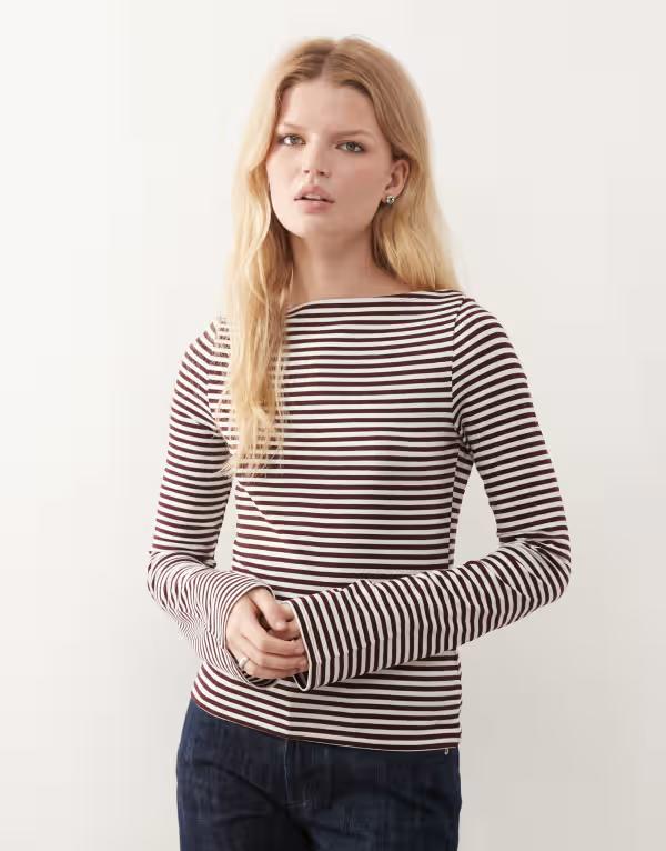 ウィークデイ レディース トップス Tシャツ Weekday Annie soft boat neck long sleeve top stripe - Exclusive to ASOS Burgundy バーガンディ