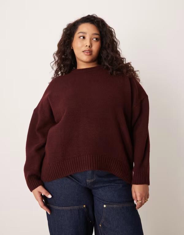 エイソス レディース アウター ニット・セーター クルーネック ASOS Curve ASOS DESIGN Curve oversized crew neck sweater with curved hem in plum プラム