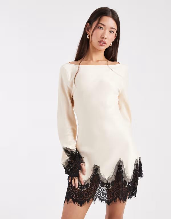 エイソス レディース トップス ワンピース レーストリム ミニ サテン レース ASOS DESIGN angel sleeve lace trim satin mini dress in ecru エクリュ