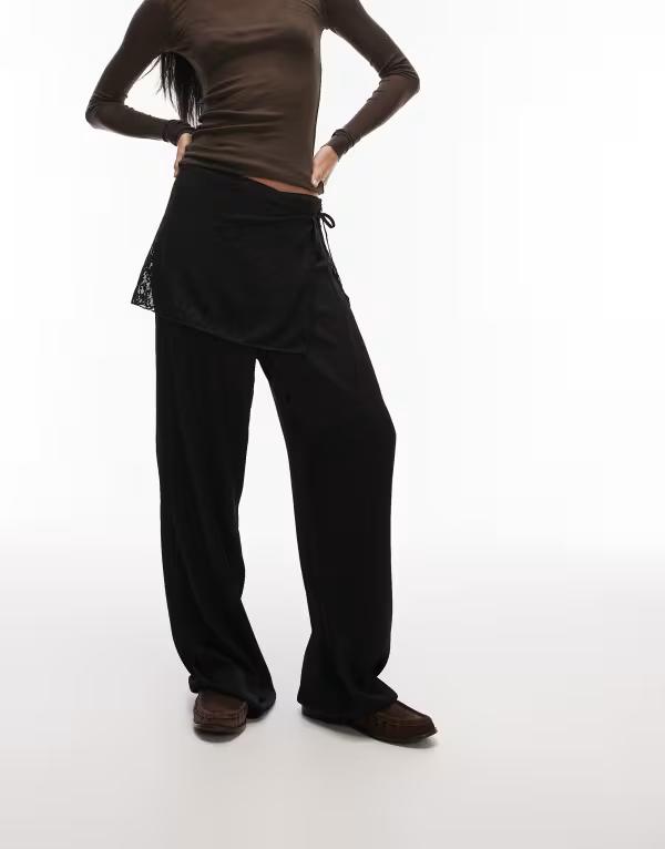 リクレイム ヴィンテージ レディース ボトムス カジュアルパンツ ワイドレッグ オーバーレイ サテン レース Reclaimed Vintage wide leg satin pants with lace belt overlay black ブラック|ReVida 店