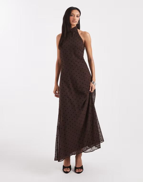 エイソス レディース トップス 衣装 シフォン ハイネック 一点 マキシ ASOS DESIGN chiffon high neck maxi dress インチ chocolate polka dots Chocolate spot 黒茶 レディースファッション-ワンピース