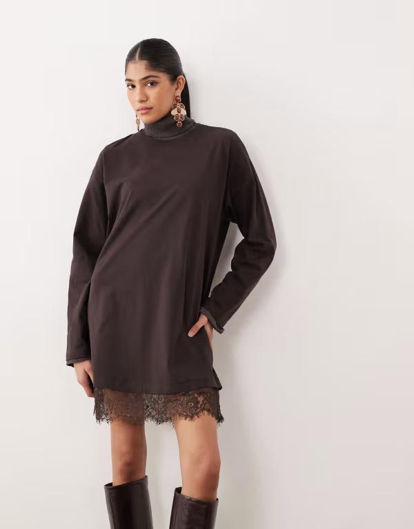 エイソス レディース トップス ワンピース レーストリム Tシャツ レース ASOS DESIGN long sleeved T-shirt dress with lace trim CHOCOLATE BROWN ブラウン