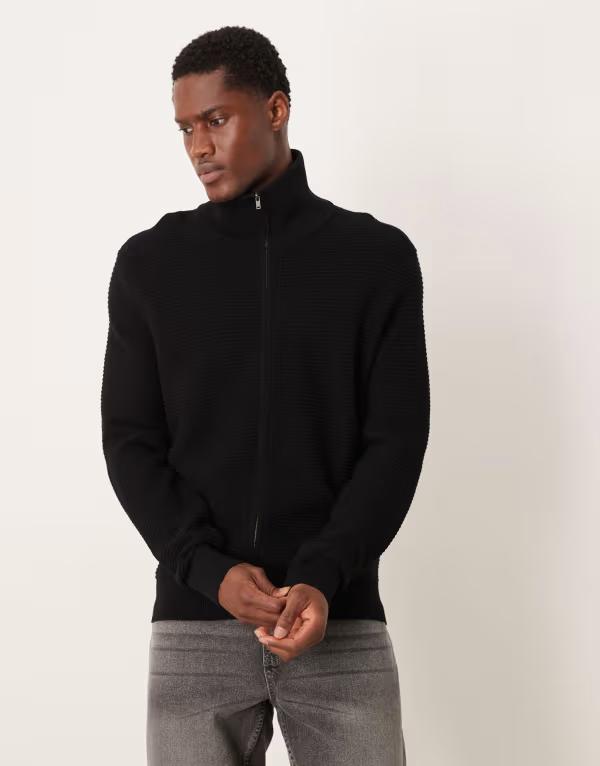 マンゴ メンズ アウター ジレー 綿織物 Mango 100% cotton zip up textured cardigan Black 黒いこと