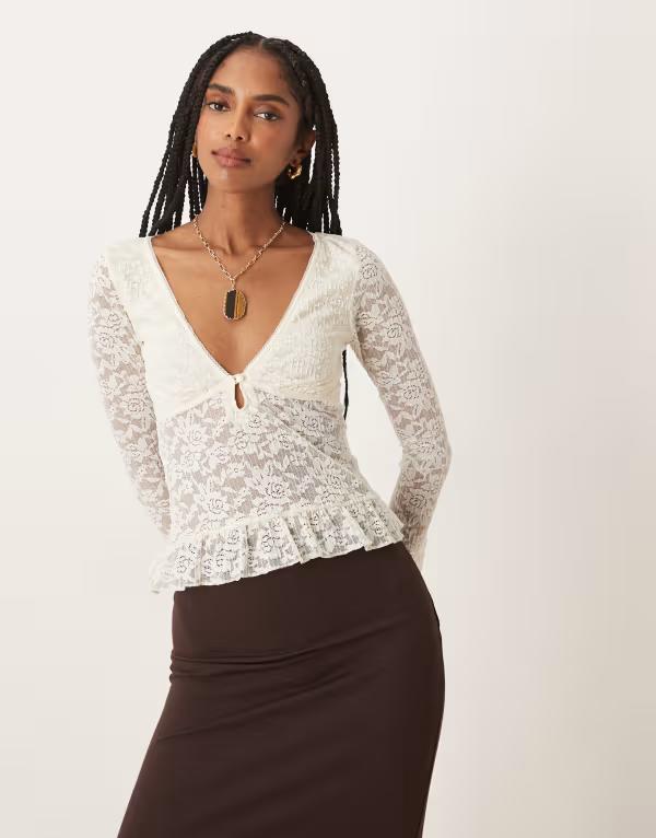 モーテル レディース トップス シャツ フリル レース Motel Roselle long sleeve lace ruffle-edged top WHITE ホワイト