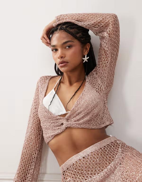 ミスセルフフリッジ レディース トップス シャツ スパンコール Misselfridge beach sequin crochetwist detailong sleeve top in dusty pink ピンク 11,535円