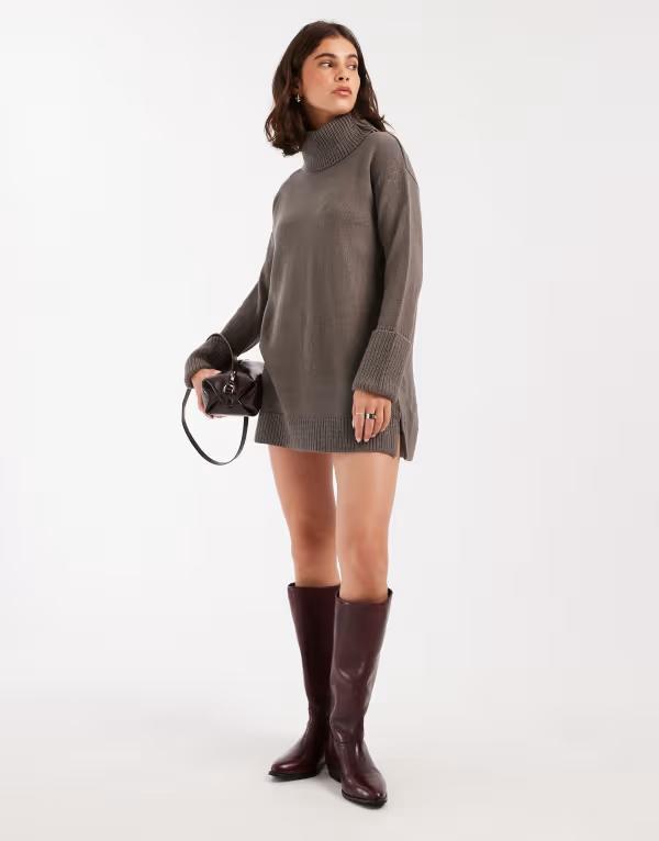 ブレーブソウル レディース トップス ワンピース ミニ セーター Brave Soul roll neck mini sweater dress in charcoal gray チャコール|ReVida 店