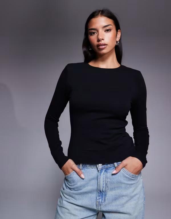エイソス レディース トップス Tシャツ クルーネック ASOS DESIGN long sleeve crew neck top with shoulder pads Black ブラック