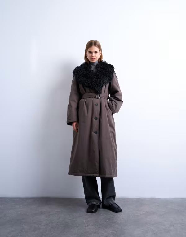 トップショップ レディース アウター コート Topshop trench coat with Afghan faux fur collar and cuffs BROWN ブラウン
