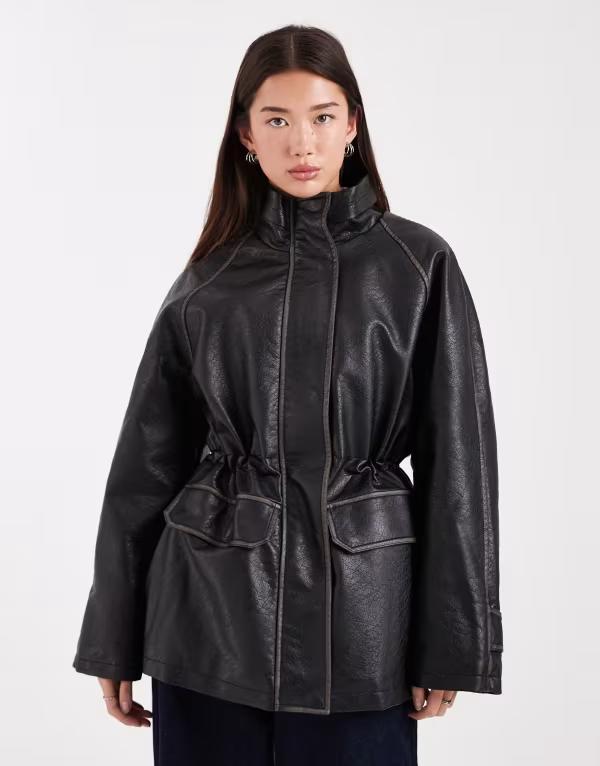 エイソス レディース アウター ジャケット・ブルゾン スタンドネック レザー ASOS DESIGN funnel neck washed leather look jacket Black ブラック