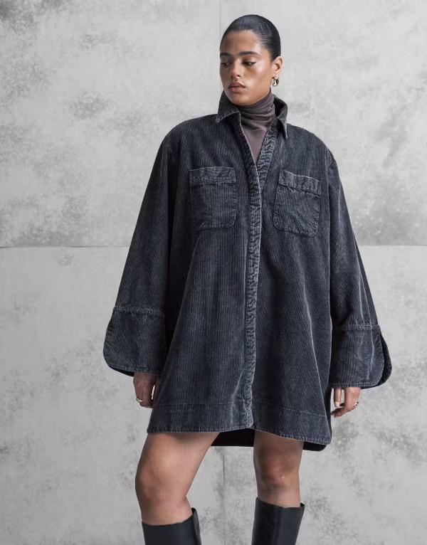 エイソス レディース トップス 衣装 ミニ プルオーバー ASOS Curve ASOS DESIGN Curve cord mini shirt dress with wide cuffs and oversized pockets インチ washed Black 黒いこと
