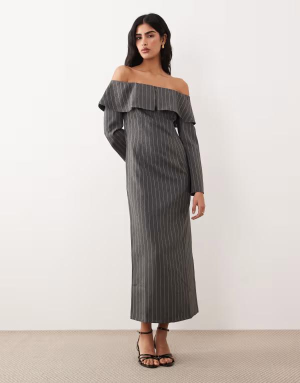 エイソス レディース トップス 衣装 midi ASOS DESIGN off-the-shoulder pencil MIDI dress pinstripe Gray pinstripe 薄墨色