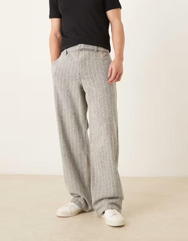 エイソス メンズ ボトムス カジュアルパンツ  DESIGN baggy pants pinstripe with pleats Gray グレー