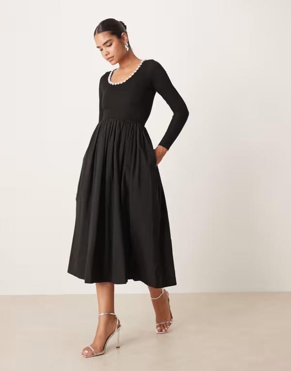 シスタージュン レディース トップス ワンピース リブ ミディ スカート ジャージー Sister Janembellished scoop ribbed jersey mix midi dress with full skirt Black ブラック