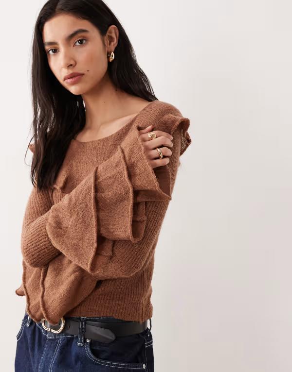 グラマラス レディース トップス シャツ フリル ニット Glamorous ruffle thin knitop BROWN ブラウン