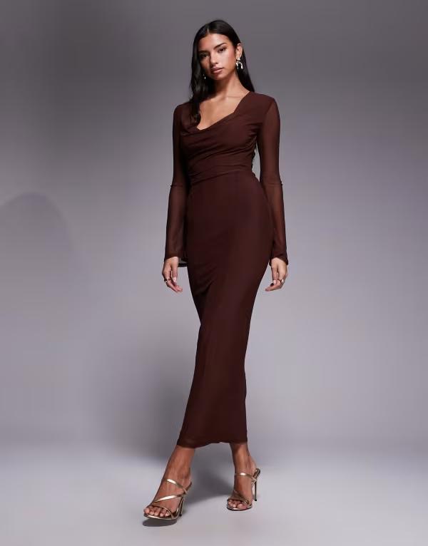 エイソス レディース トップス 衣装 メッシュ スピード競技 マキシ ASOS DESIGN mesh angel sleeve lace up back long sleeve maxi dress インチ chocolate 黒茶