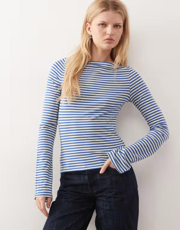 ウィークデイ レディース トップス Tシャツ Weekday Annie soft boat neck long sleeve top and buttermilk yellow stripexclusive to ASOS Blue & Buttermilk ブルー｜ReVida 店
