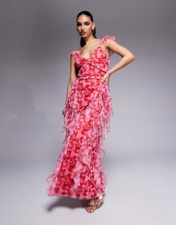 レース アンド ビーズ レディース トップス ワンピース チュール フラワー柄 フリル フラワー Lace & Beads ruffle midaxi tulle dress and pink floral RED & PINK FLORAL レッド