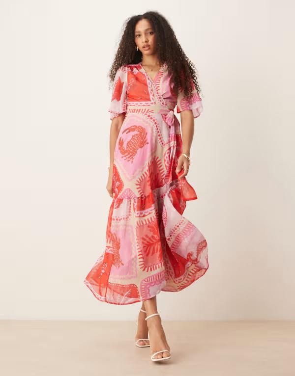 ホープ＆アイビー レディース トップス ワンピース プリント マキシ Hope & Ivy flutter sleeve maxi wrap dress beach print pink ピンク