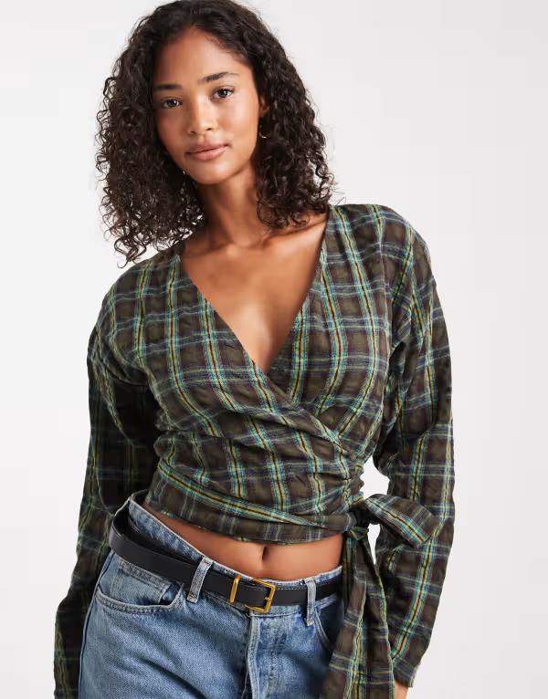 エイソス レディース トップス Tシャツ ASOS DESIGN long sleeve wrap toplaid Green check グリーン