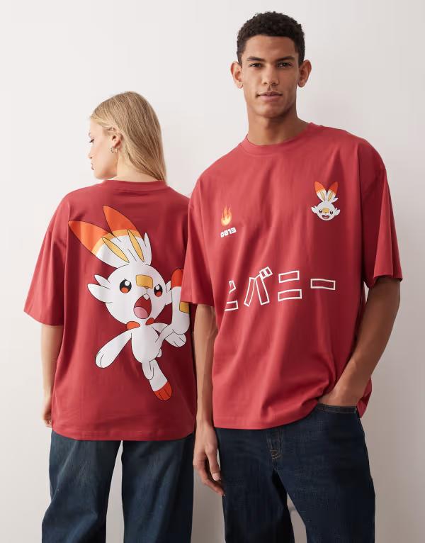 エイソス レディース トップス Tシャツ プリント ASOS DESIGN unisex oversized T-shirt with Pokemon Scorebunny prints RED レッド