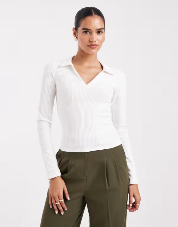 ミスセルフフリッジ レディース トップス ポロシャツ リブ Misselfridge ribbed long sleeve polo top in cream クリーム