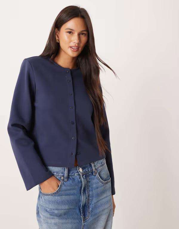 エイソス レディース トップス シャツ ASOS DESIGN interlock button up boxy top with shoulder pads NAVY ネイビー