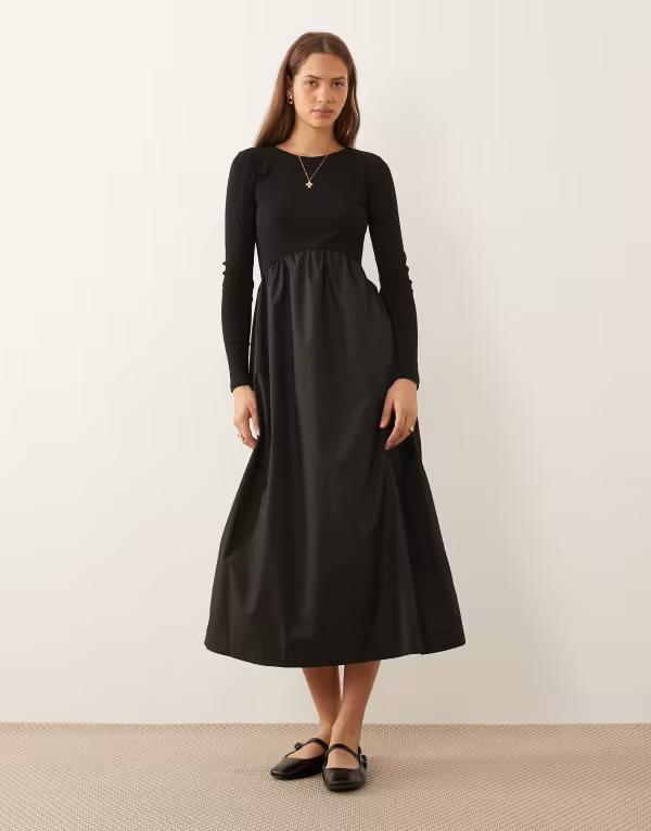 スリードベア レディース トップス ワンピース ミディ ジャージー Threadbare long sleeve jersey poplin mix midi dress Black ブラック|ReVida 店