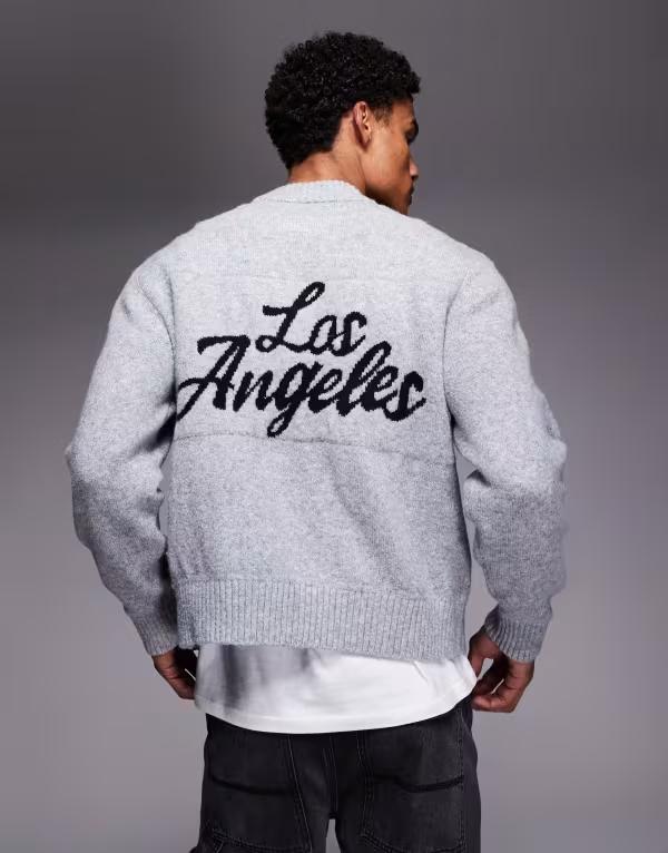アダプト メンズ アウター ニット・セーター プリント ADPT oversized knit sweater with Los Angeles print Light Gray Melange グレー