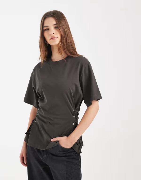 エイソス レディース トップス プルオーバー ASOS DESIGN cinch tie side T-shirt インチ charcoal 濃灰色