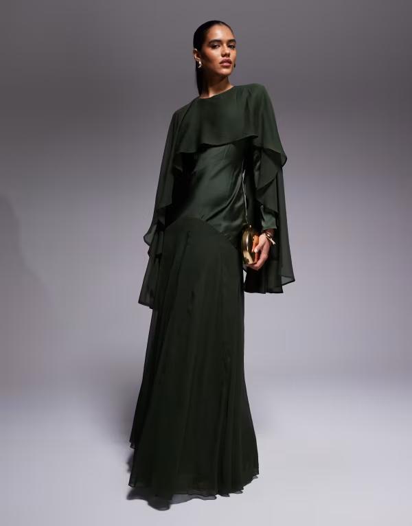 エイソス レディース トップス ワンピース シフォン ケープデザイン フリル サテン キャップ ケープ マキシ ASOS DESIGN cape detail ruffle chiffon satin mix maxi dress in dark GREEN グリーン