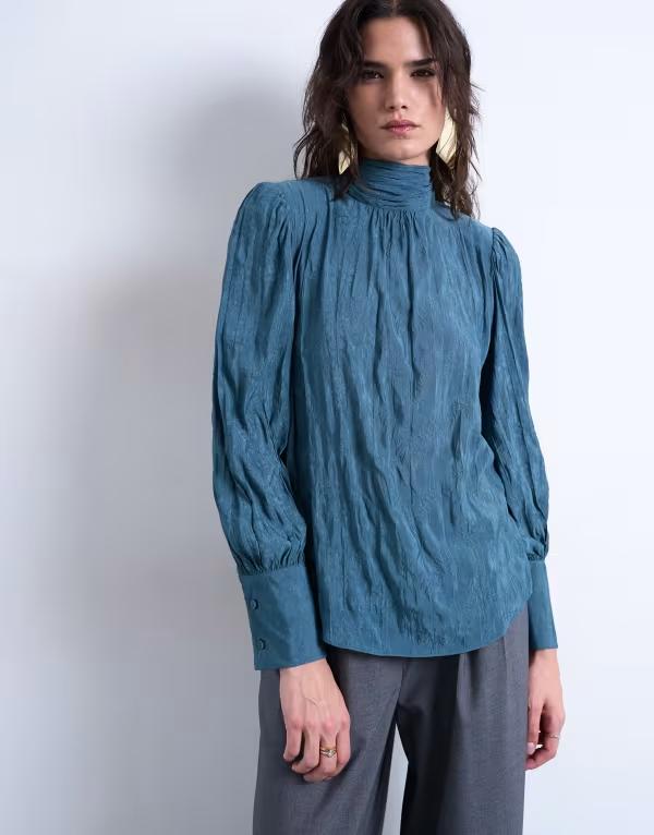 トップショップ レディース トップス シャツ ブラウス Topshop crinkle scarf blouse BLUE ブルー