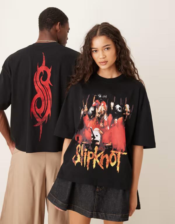 エイソス レディース トップス Tシャツ プリント ASOS DESIGN Unisex boxy oversized licensed t-shirt with Slipknot prints Black ブラック