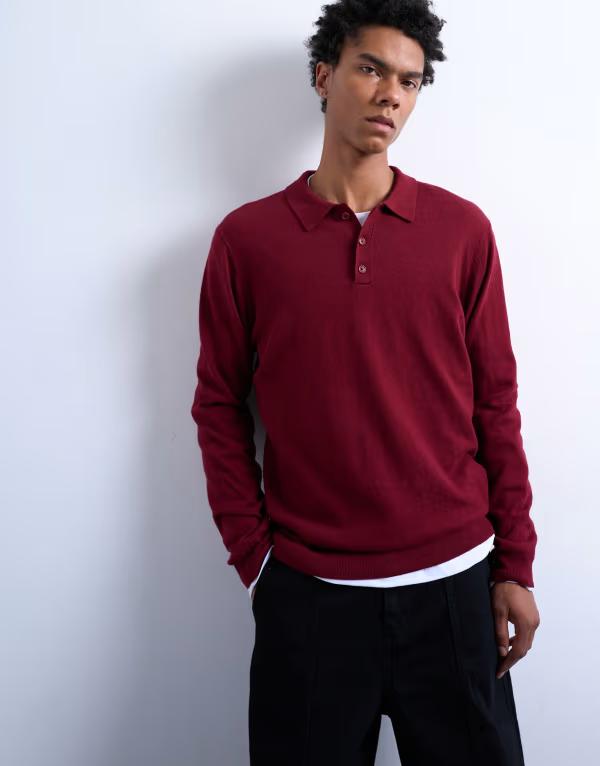 トップマン メンズ トップス ポロシャツ ニット Topman essential knit button polo Burgundy バーガンディ