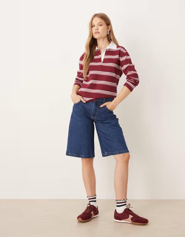 ジェイディーワイ レディース トップス Tシャツ ポロシャツ JDY long sleeve polo shirt with white stripes Burgundy バーガンディ