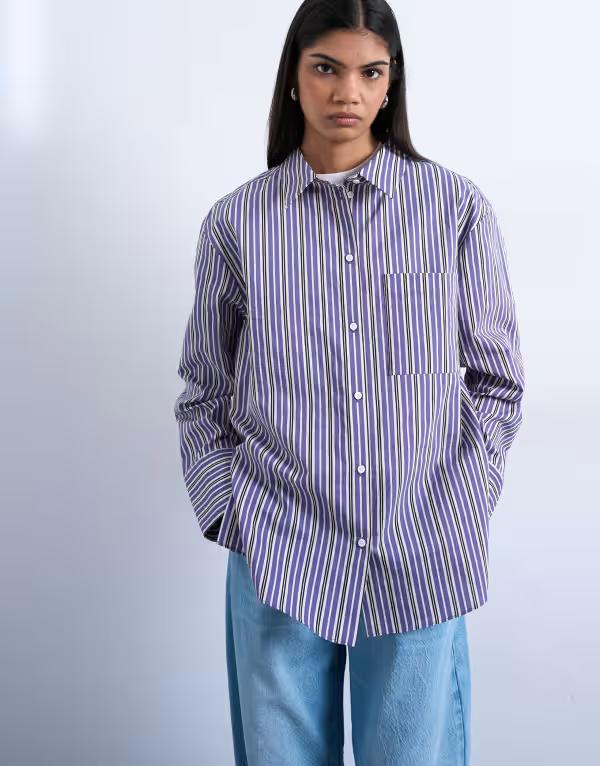 トップショップ レディース トップス シャツ Topshop oversized shirt stripe Purple stripe パープル｜ReVida 店