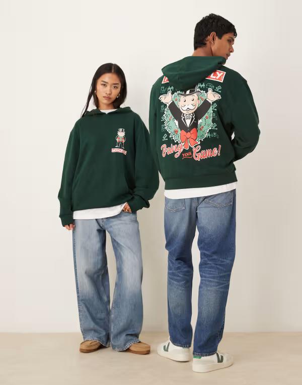 エイソス レディース アウター パーカー・スウェット 刷り上げる ASOS DESIGN unisex oversized hoodie with Christmas Monopoly print GREEN 緑であること トップス-レディースファッション-パーカー