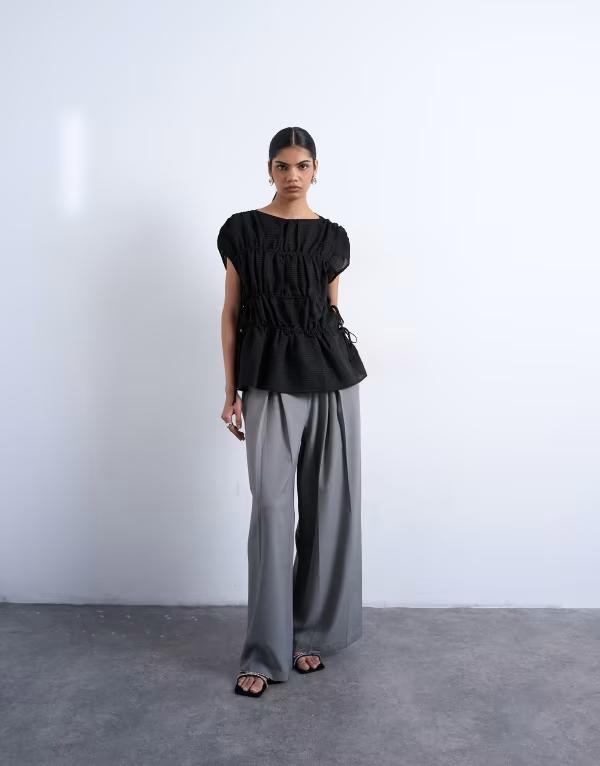 トップショップ レディース トップス タンクトップ Topshop short sleeve channelled tie side top Black ブラック｜ReVida 店