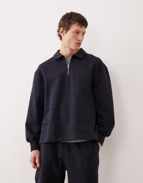 エイソス メンズ アウター パーカー・スウェット シャツ ASOS DESIGN oversized heavyweight collared sweatshirt with zip Deep well ネイビー｜ReVida 店
