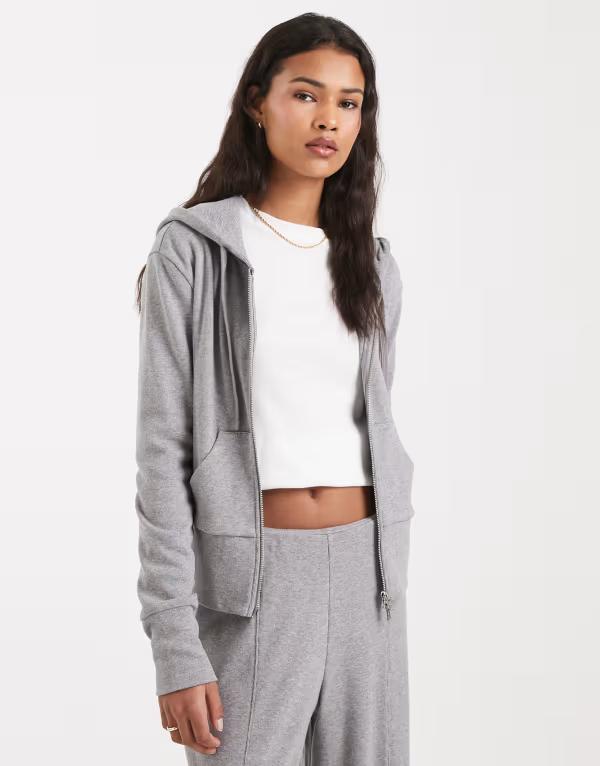 エイソス レディース アウター パーカー・スウェット ニット ASOS DESIGN fine knit shrunken zip up hoodie in heather Gray Heather グレー｜ReVida 店 12,905円