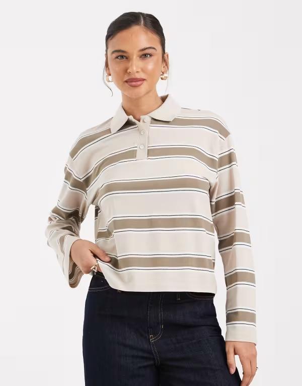 ヴェロモーダ レディース トップス プルオーバー スポーツシャツ 刷り上げる Vero Moda rugby polo インチ oatmeal and khaki stripe print Oatmeal Mira オートミール