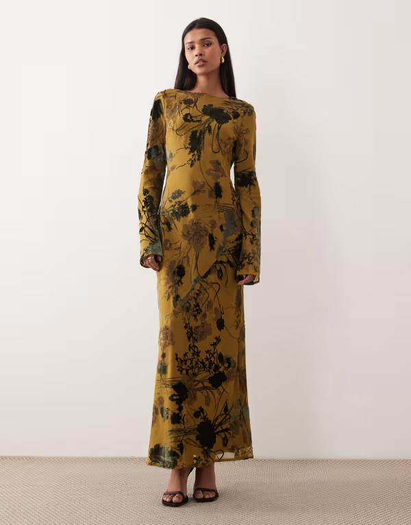 エイソス レディース トップス ワンピース フラワー柄 マキシ フラワー ASOS DESIGN long sleeve devore maxi dress floral Green グリーン