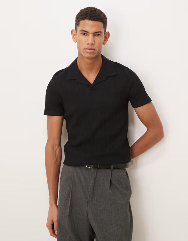 エイソス メンズ トップス スポーツシャツ リブニット ASOS DESIGN heavyweight muscle fit camp collar polo shirt rib knit Black 黒いこと