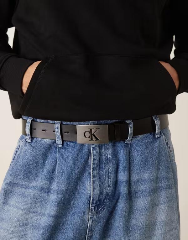 カルバンクライン メンズ 付属品 胴締め ロゴタイプ デニム Calvin Klein Jeans plaque silver logo 35粍 belt Black/Antique Silve 黒いこと
