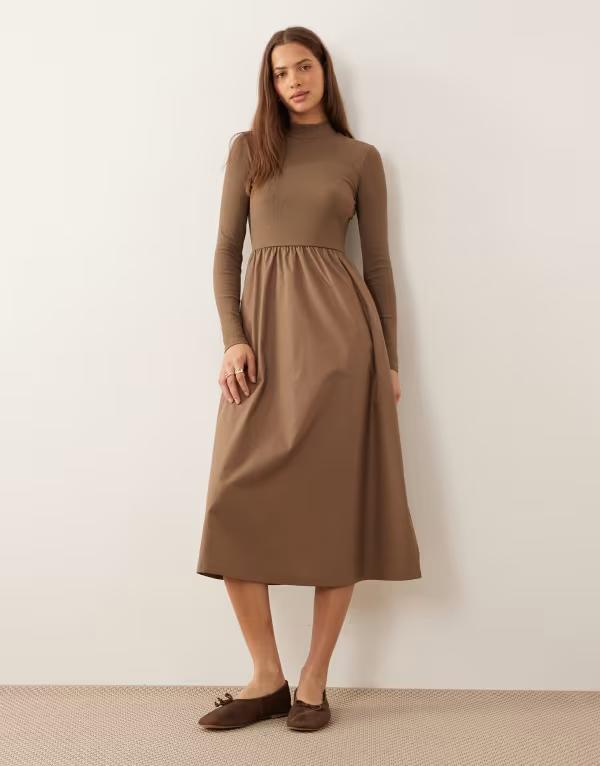 スリードベア レディース トップス ワンピース ハイネック ミディ ジャージー Threadbare high neck jersey poplin mix midi dress in mocha モカ|ReVida 店