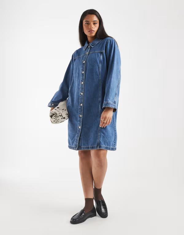 ヴェロモーダ レディース トップス ワンピース ミニ デニム Vero Moda Curve button front denimini dress in medium blue wash Medium blue denim デニム｜ReVida 店