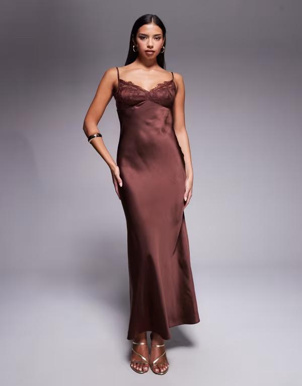 エイソス レディース トップス 衣装 カットアウト 繻子 スピード競技 マキシ ASOS DESIGN lace bust cup satin maxi dress with cut out back インチ chocolate 黒茶