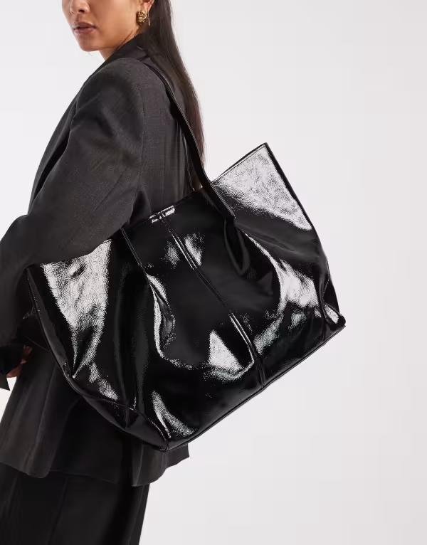 エイソス レディース バッグ ASOS DESIGN oversized patentote with zippered pouch Black ブラック